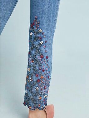 Driftwood Colette Embroidered Floral Scallop Hem Jeans Size 30 Boho Stretch